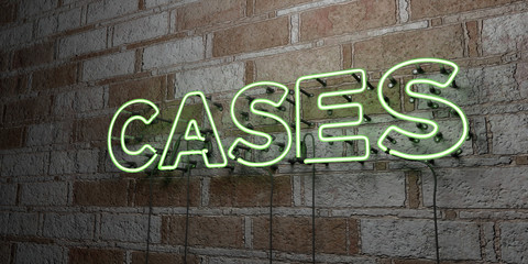 CASES - Glowing Neon Sign on stonework wall - 3D rendered royalty free stock illustration.  Can be used for online banner ads and direct mailers..