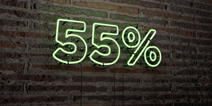 55% -Realistic Neon Sign on Brick Wall background - 3D rendered royalty free stock image. Can be used for online banner ads and direct mailers..