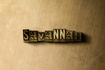 SAVANNAH - close-up of grungy vintage typeset word on metal backdrop. Royalty free stock - 3D rendered stock image.  Can be used for online banner ads and direct mail.