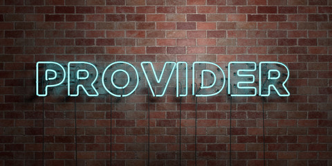 PROVIDER - fluorescent Neon tube Sign on brickwork - Front view - 3D rendered royalty free stock picture. Can be used for online banner ads and direct mailers..