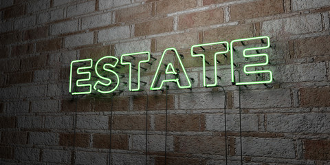 ESTATE - Glowing Neon Sign on stonework wall - 3D rendered royalty free stock illustration.  Can be used for online banner ads and direct mailers..