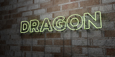 DRAGON - Glowing Neon Sign on stonework wall - 3D rendered royalty free stock illustration.  Can be used for online banner ads and direct mailers..