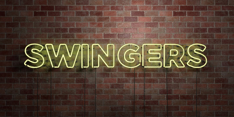 SWINGERS - fluorescent Neon tube Sign on brickwork - Front view - 3D rendered royalty free stock picture. Can be used for online banner ads and direct mailers..