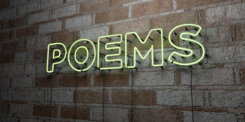 POEMS - Glowing Neon Sign on stonework wall - 3D rendered royalty free stock illustration.  Can be used for online banner ads and direct mailers..