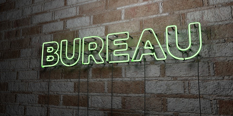 BUREAU - Glowing Neon Sign on stonework wall - 3D rendered royalty free stock illustration.  Can be used for online banner ads and direct mailers..