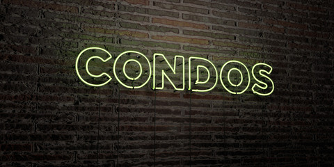 CONDOS -Realistic Neon Sign on Brick Wall background - 3D rendered royalty free stock image. Can be used for online banner ads and direct mailers..