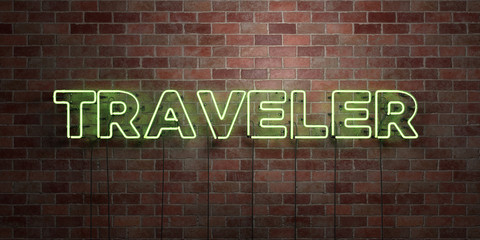 TRAVELER - fluorescent Neon tube Sign on brickwork - Front view - 3D rendered royalty free stock picture. Can be used for online banner ads and direct mailers..