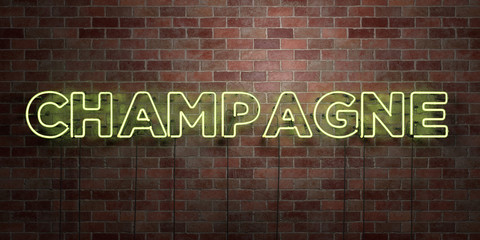 CHAMPAGNE - fluorescent Neon tube Sign on brickwork - Front view - 3D rendered royalty free stock picture. Can be used for online banner ads and direct mailers..