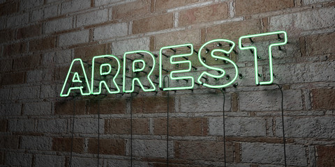 ARREST - Glowing Neon Sign on stonework wall - 3D rendered royalty free stock illustration.  Can be used for online banner ads and direct mailers..