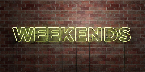 WEEKENDS - fluorescent Neon tube Sign on brickwork - Front view - 3D rendered royalty free stock picture. Can be used for online banner ads and direct mailers..