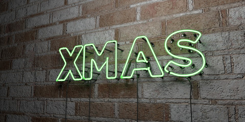 XMAS - Glowing Neon Sign on stonework wall - 3D rendered royalty free stock illustration.  Can be used for online banner ads and direct mailers..