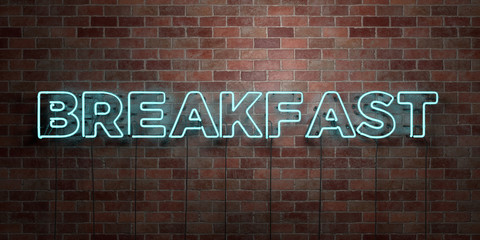 BREAKFAST - fluorescent Neon tube Sign on brickwork - Front view - 3D rendered royalty free stock picture. Can be used for online banner ads and direct mailers..
