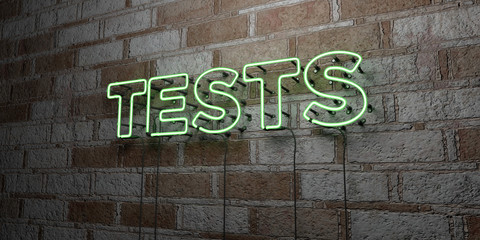Fototapeta na wymiar TESTS - Glowing Neon Sign on stonework wall - 3D rendered royalty free stock illustration. Can be used for online banner ads and direct mailers..