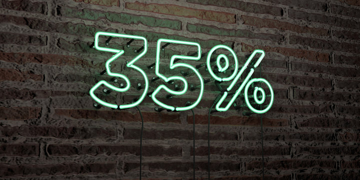35% -Realistic Neon Sign on Brick Wall background - 3D rendered royalty free stock image. Can be used for online banner ads and direct mailers..