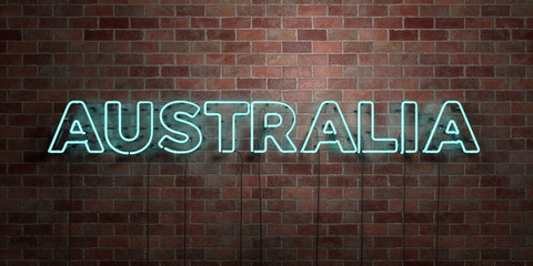 AUSTRALIA - fluorescent Neon tube Sign on brickwork - Front view - 3D rendered royalty free stock picture. Can be used for online banner ads and direct mailers..