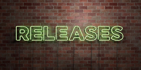 RELEASES - fluorescent Neon tube Sign on brickwork - Front view - 3D rendered royalty free stock picture. Can be used for online banner ads and direct mailers..