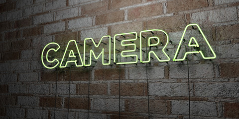 CAMERA - Glowing Neon Sign on stonework wall - 3D rendered royalty free stock illustration.  Can be used for online banner ads and direct mailers..