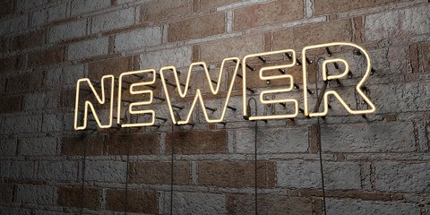 NEWER - Glowing Neon Sign on stonework wall - 3D rendered royalty free stock illustration.  Can be used for online banner ads and direct mailers..