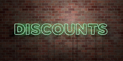 DISCOUNTS - fluorescent Neon tube Sign on brickwork - Front view - 3D rendered royalty free stock picture. Can be used for online banner ads and direct mailers..