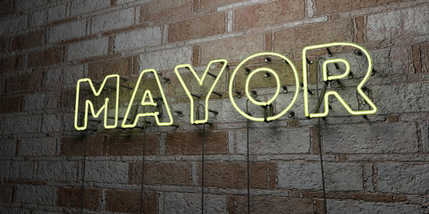 MAYOR - Glowing Neon Sign on stonework wall - 3D rendered royalty free stock illustration.  Can be used for online banner ads and direct mailers..