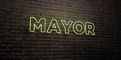 MAYOR -Realistic Neon Sign on Brick Wall background - 3D rendered royalty free stock image. Can be used for online banner ads and direct mailers..