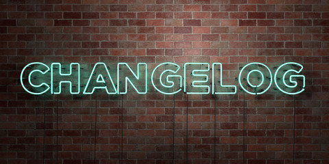 CHANGELOG - fluorescent Neon tube Sign on brickwork - Front view - 3D rendered royalty free stock picture. Can be used for online banner ads and direct mailers..