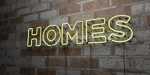 HOMES - Glowing Neon Sign on stonework wall - 3D rendered royalty free stock illustration.  Can be used for online banner ads and direct mailers..