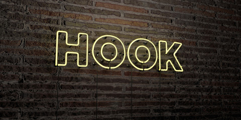 HOOK -Realistic Neon Sign on Brick Wall background - 3D rendered royalty free stock image. Can be used for online banner ads and direct mailers..