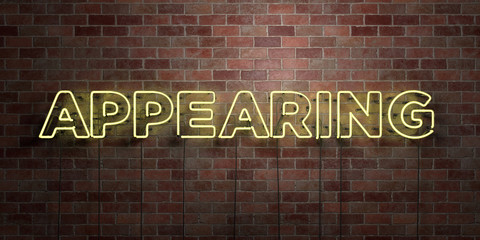 APPEARING - fluorescent Neon tube Sign on brickwork - Front view - 3D rendered royalty free stock picture. Can be used for online banner ads and direct mailers..