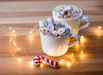 Two Cups of hot chocolate with murshmallows