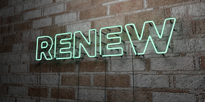 RENEW - Glowing Neon Sign on stonework wall - 3D rendered royalty free stock illustration.  Can be used for online banner ads and direct mailers..