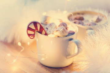 Two Cups of hot chocolate with murshmallows