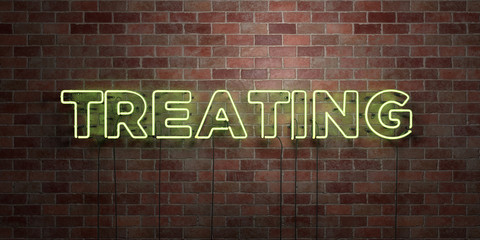 TREATING - fluorescent Neon tube Sign on brickwork - Front view - 3D rendered royalty free stock picture. Can be used for online banner ads and direct mailers..
