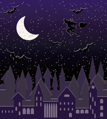 Obraz na płótnie Canvas Moon night with flying sexy witch silhouette, seamless pattern, vector illustration