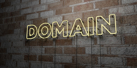 DOMAIN - Glowing Neon Sign on stonework wall - 3D rendered royalty free stock illustration.  Can be used for online banner ads and direct mailers..