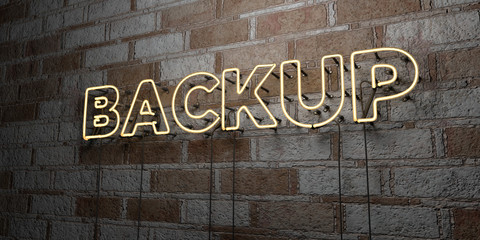 BACKUP - Glowing Neon Sign on stonework wall - 3D rendered royalty free stock illustration.  Can be used for online banner ads and direct mailers..