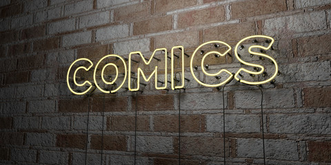 COMICS - Glowing Neon Sign on stonework wall - 3D rendered royalty free stock illustration.  Can be used for online banner ads and direct mailers..