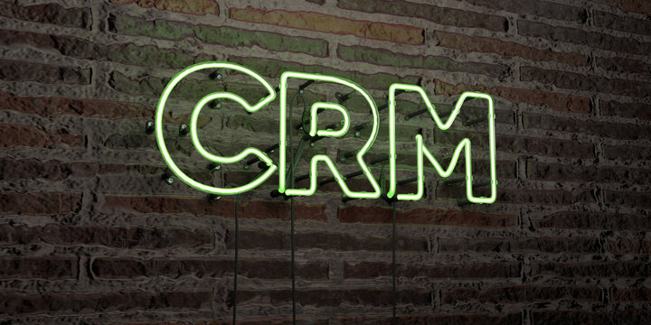 CRM -Realistic Neon Sign on Brick Wall background - 3D rendered royalty free stock image. Can be used for online banner ads and direct mailers..