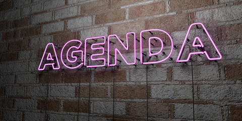 AGENDA - Glowing Neon Sign on stonework wall - 3D rendered royalty free stock illustration.  Can be used for online banner ads and direct mailers..