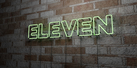 ELEVEN - Glowing Neon Sign on stonework wall - 3D rendered royalty free stock illustration.  Can be used for online banner ads and direct mailers..