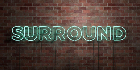 SURROUND - fluorescent Neon tube Sign on brickwork - Front view - 3D rendered royalty free stock picture. Can be used for online banner ads and direct mailers..