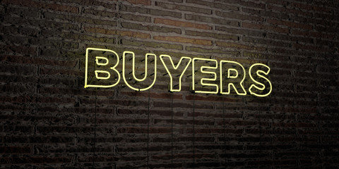 BUYERS -Realistic Neon Sign on Brick Wall background - 3D rendered royalty free stock image. Can be used for online banner ads and direct mailers..