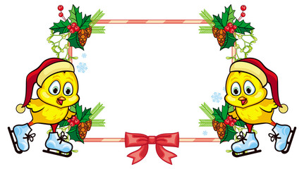 Cute chicken in funny hat ice skating. Christmas holiday frame. Copy space. 