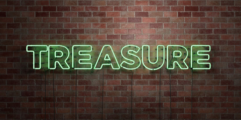 TREASURE - fluorescent Neon tube Sign on brickwork - Front view - 3D rendered royalty free stock picture. Can be used for online banner ads and direct mailers..