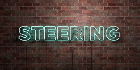 STEERING - fluorescent Neon tube Sign on brickwork - Front view - 3D rendered royalty free stock picture. Can be used for online banner ads and direct mailers..