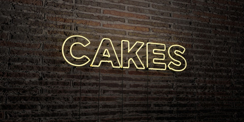 CAKES -Realistic Neon Sign on Brick Wall background - 3D rendered royalty free stock image. Can be used for online banner ads and direct mailers..