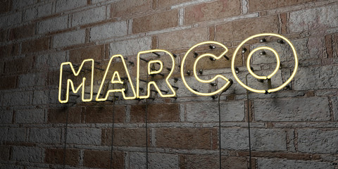 MARCO - Glowing Neon Sign on stonework wall - 3D rendered royalty free stock illustration.  Can be used for online banner ads and direct mailers..