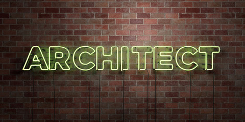 ARCHITECT - fluorescent Neon tube Sign on brickwork - Front view - 3D rendered royalty free stock picture. Can be used for online banner ads and direct mailers..