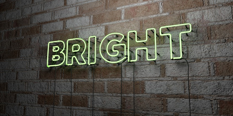BRIGHT - Glowing Neon Sign on stonework wall - 3D rendered royalty free stock illustration.  Can be used for online banner ads and direct mailers..