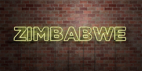 ZIMBABWE - fluorescent Neon tube Sign on brickwork - Front view - 3D rendered royalty free stock picture. Can be used for online banner ads and direct mailers..